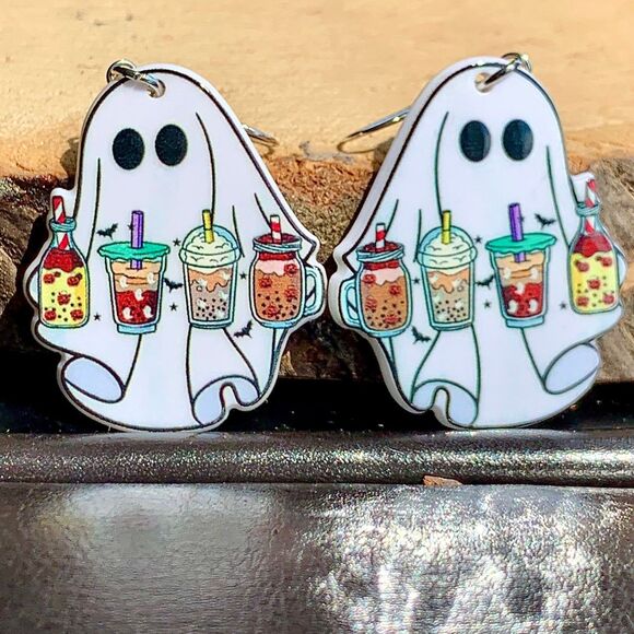 Spooky Vibes Halloween Ghost Coffee Latte Boba Milkshake Lover Resin Earrings - Picture 3 of 4
